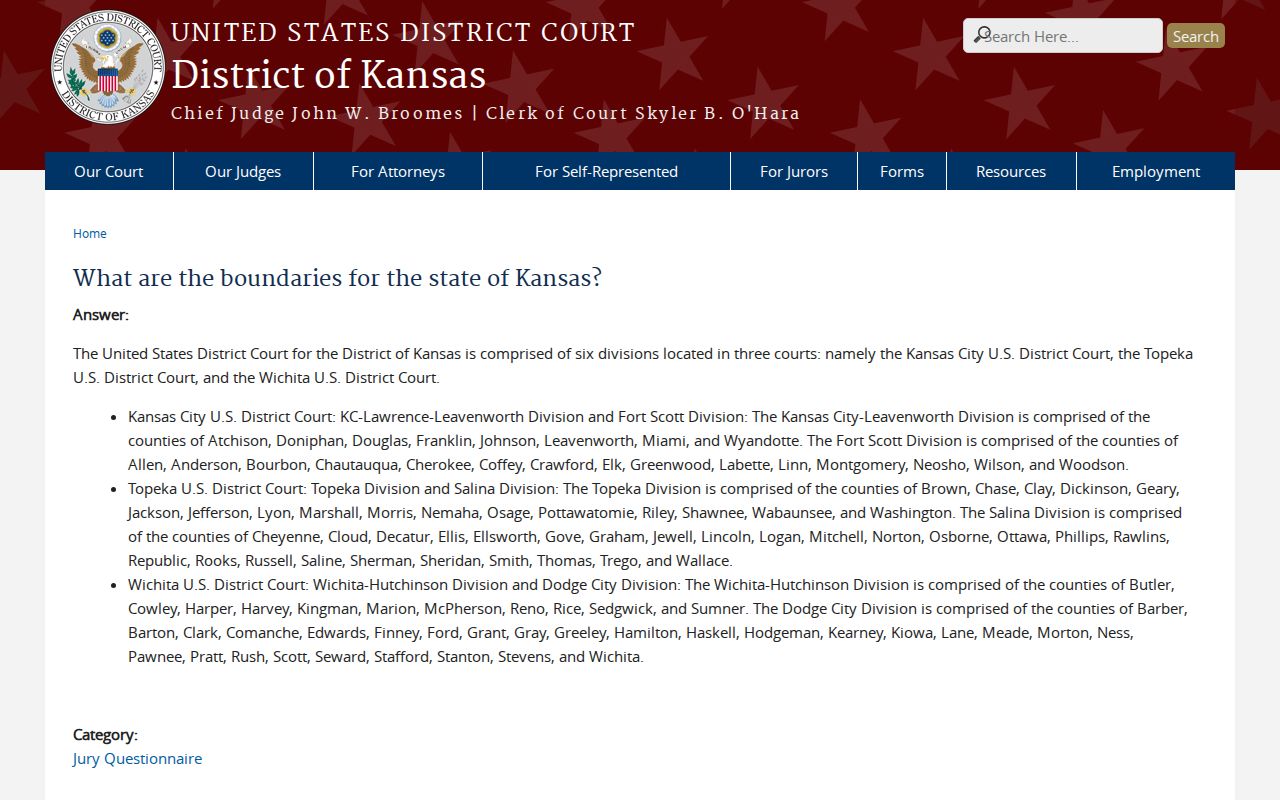 Federal District of Kansas division boundaries including Phillips County