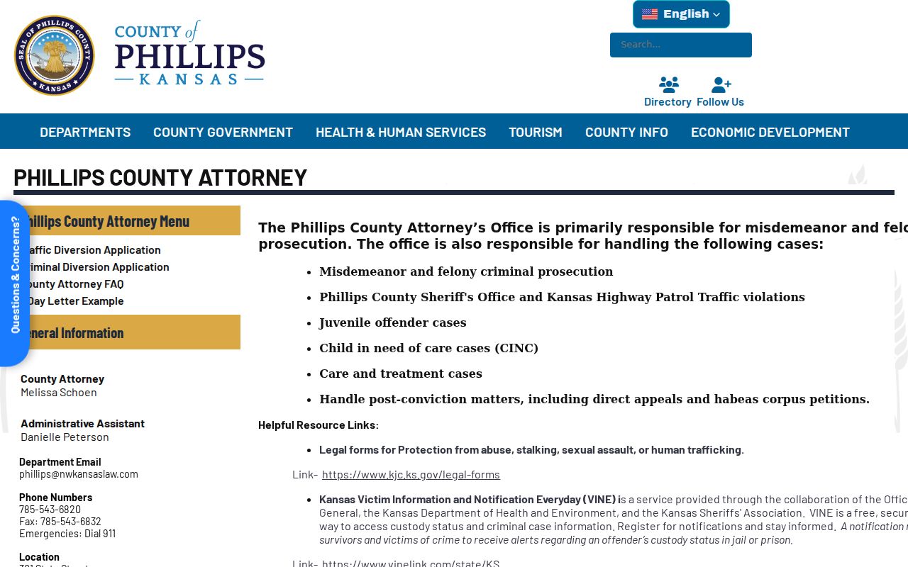Official Phillips County Attorney page describing the prosecutor office