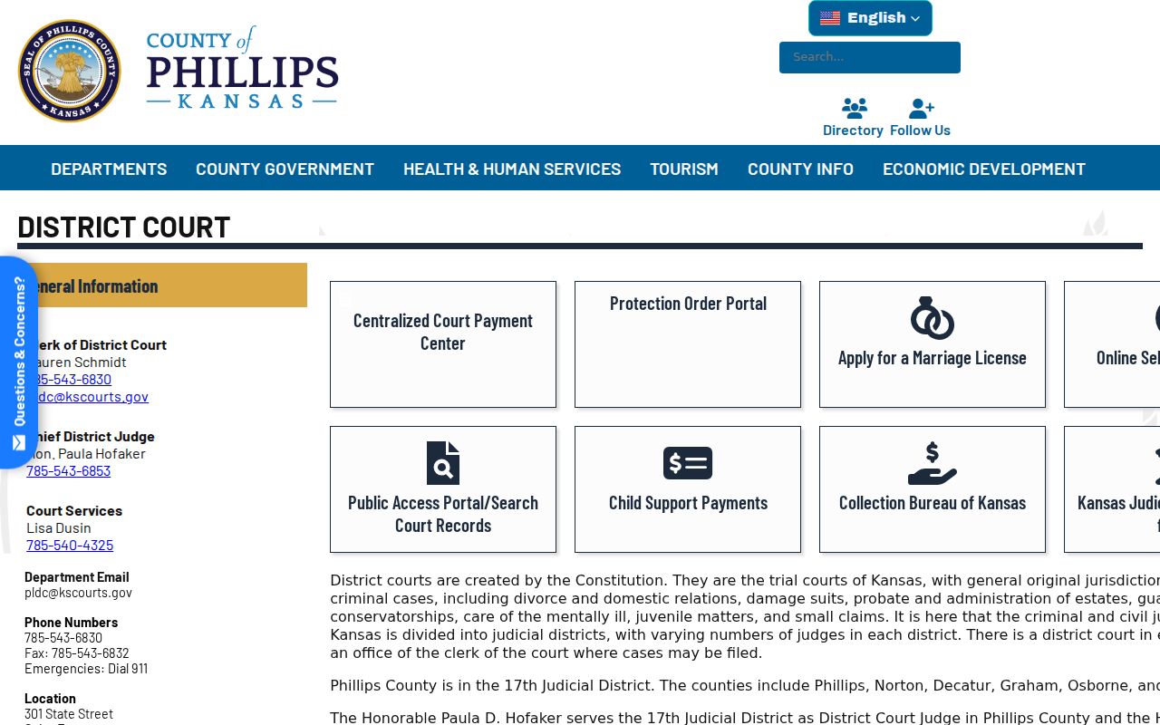 Official Phillips County District Court page with clerk and courthouse information